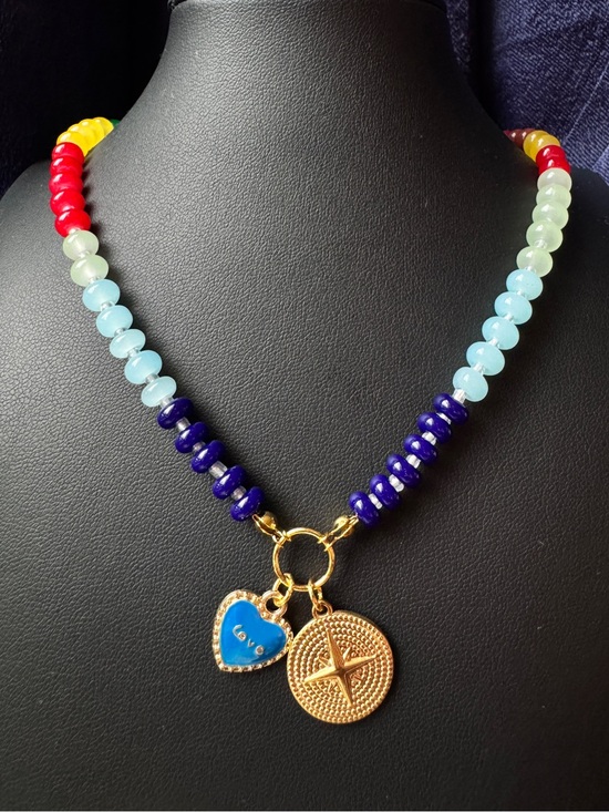 Mayamar Jewelry - Gold Charm Beaded Necklace with Blue Heart Pendant